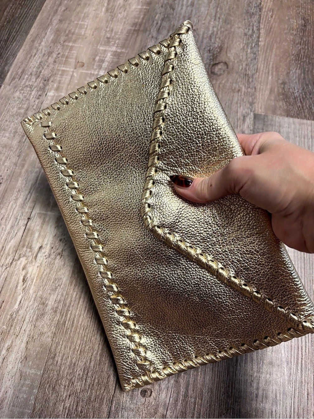 LAGGO Gold Metallic Leather Envelope Clutch with Whipstitch